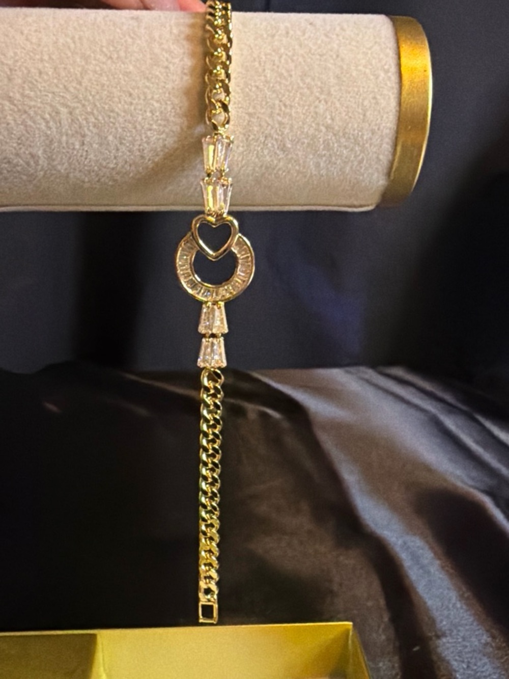 Gold Heart Link Women's Bracelet with CZ Accents